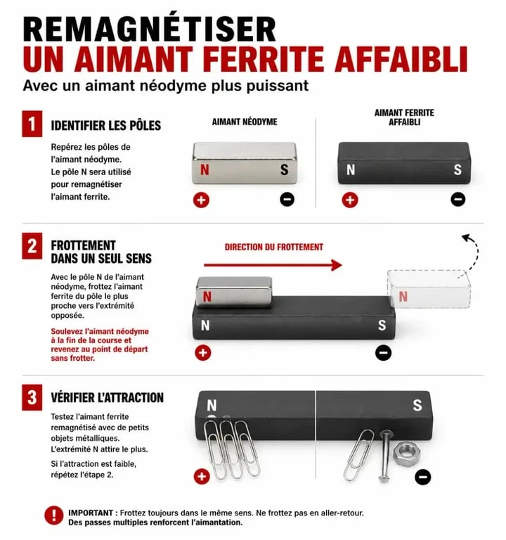 Schéma illustré pour remagnetiser un aimant ferrite avec un aimant néodyme