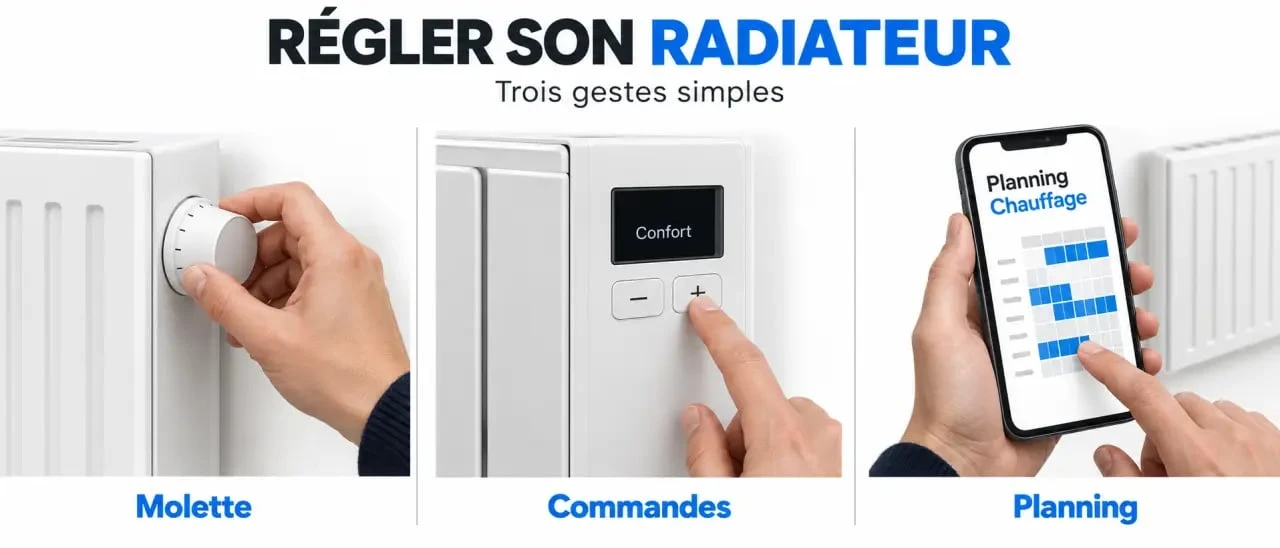 Réglez un radiateur électrique Atlantic à 19 °C, programmez 6 créneaux et évitez les surchauffes 2 Réglage radiateur électrique Atlantic avec molette, écran numérique et application connectée
