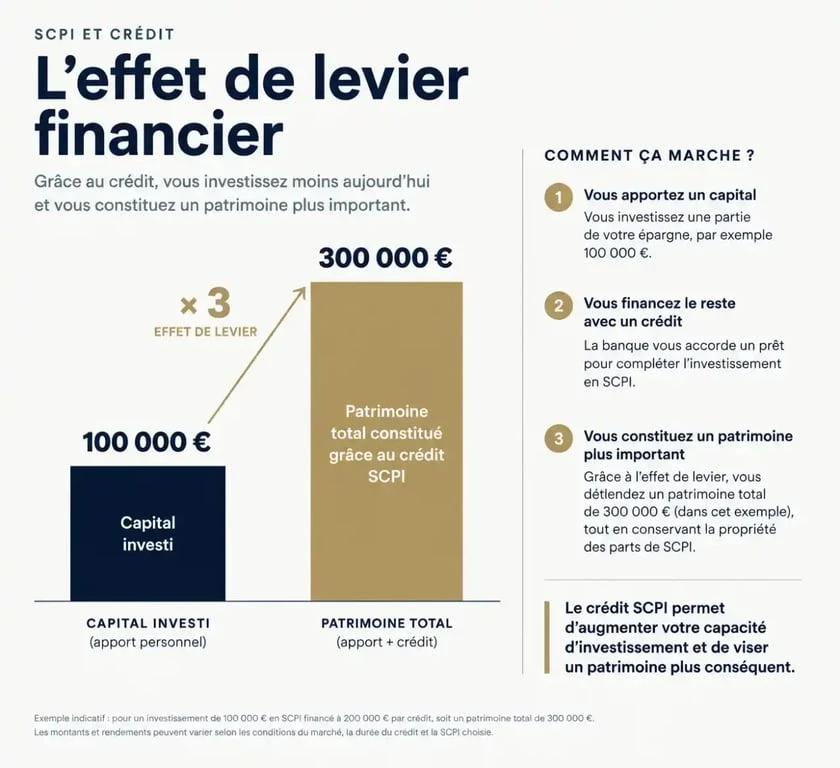 Schéma illustrant l'effet de levier d'un investissement en SCPI à crédit pour constituer un patrimoine immobilier