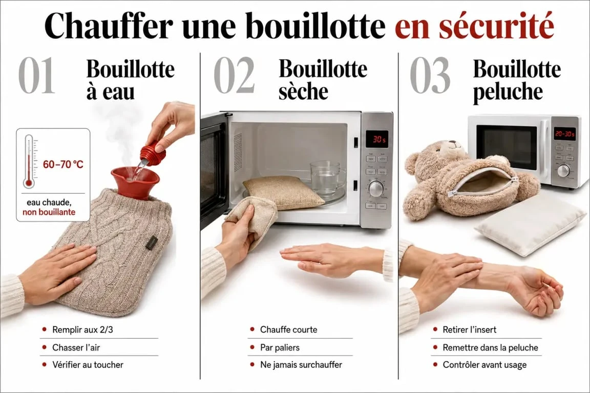 Comment faire chauffer une bouillotte en toute sécurité avec trois méthodes illustrées