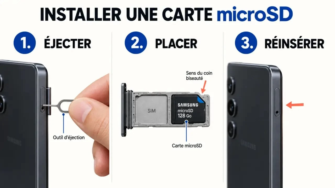 Installer une carte SD sur Samsung : le bon tiroir et les étapes sans risque 2 Comment installer une carte SD sur Samsung : insertion d'une carte microSD dans le tiroir du téléphone