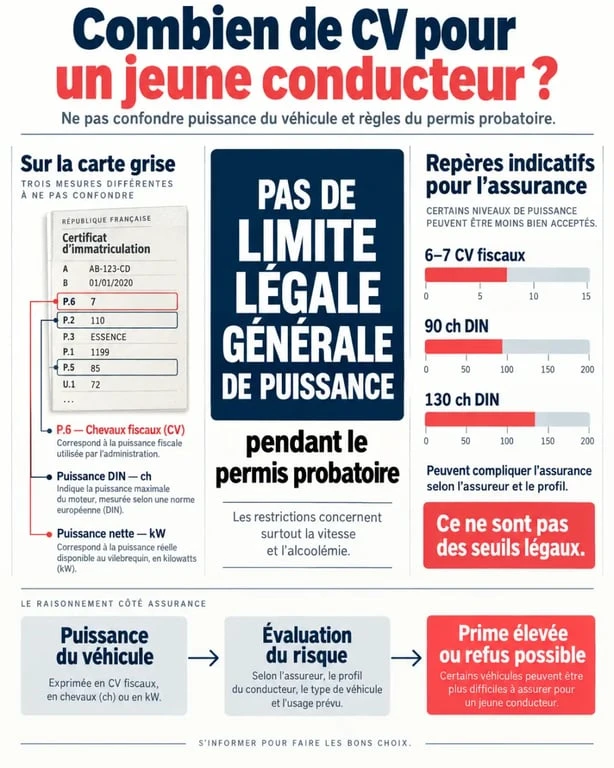 Infographie combien de CV jeune conducteur : différence entre chevaux fiscaux, chevaux DIN et seuils indicatifs d’assurance