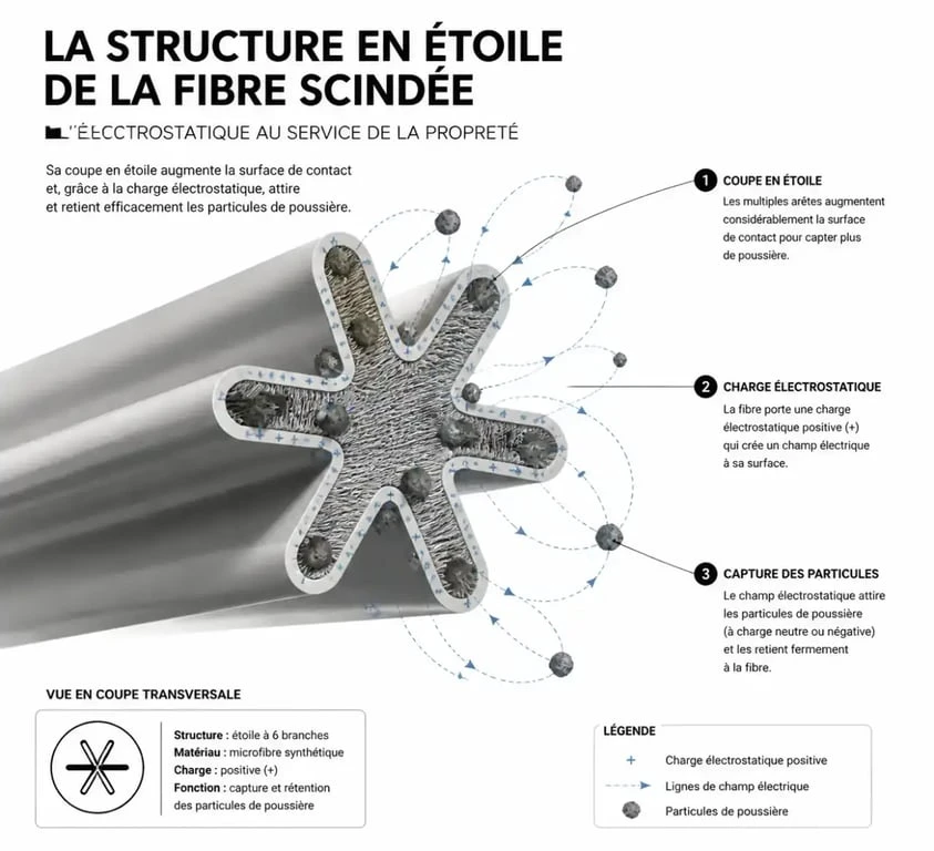 Microfibre : composition, usages et astuces pour un nettoyage haute performance 2 Schéma explicatif du fonctionnement technique de la microfibre