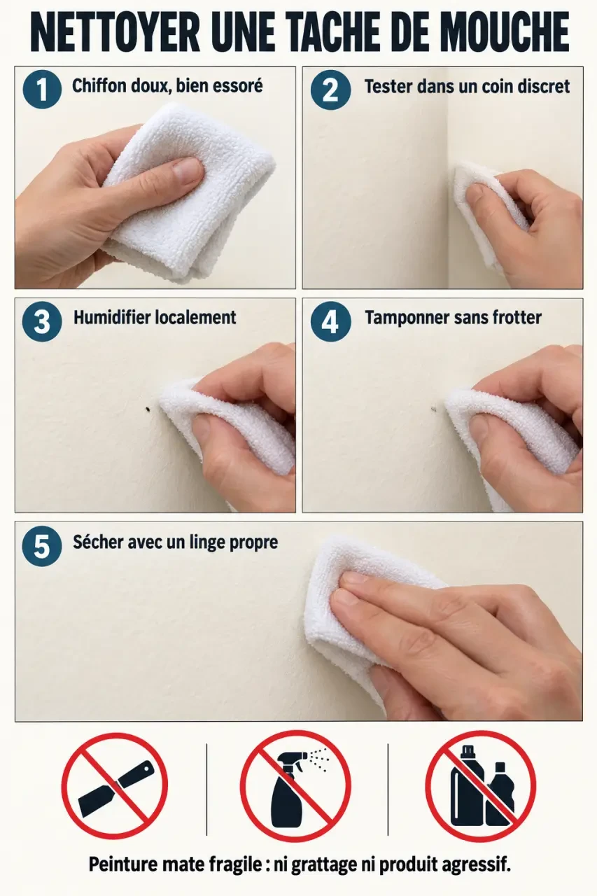 Étapes pour nettoyer crotte de mouche sur peinture avec un chiffon doux et de l’eau tiède