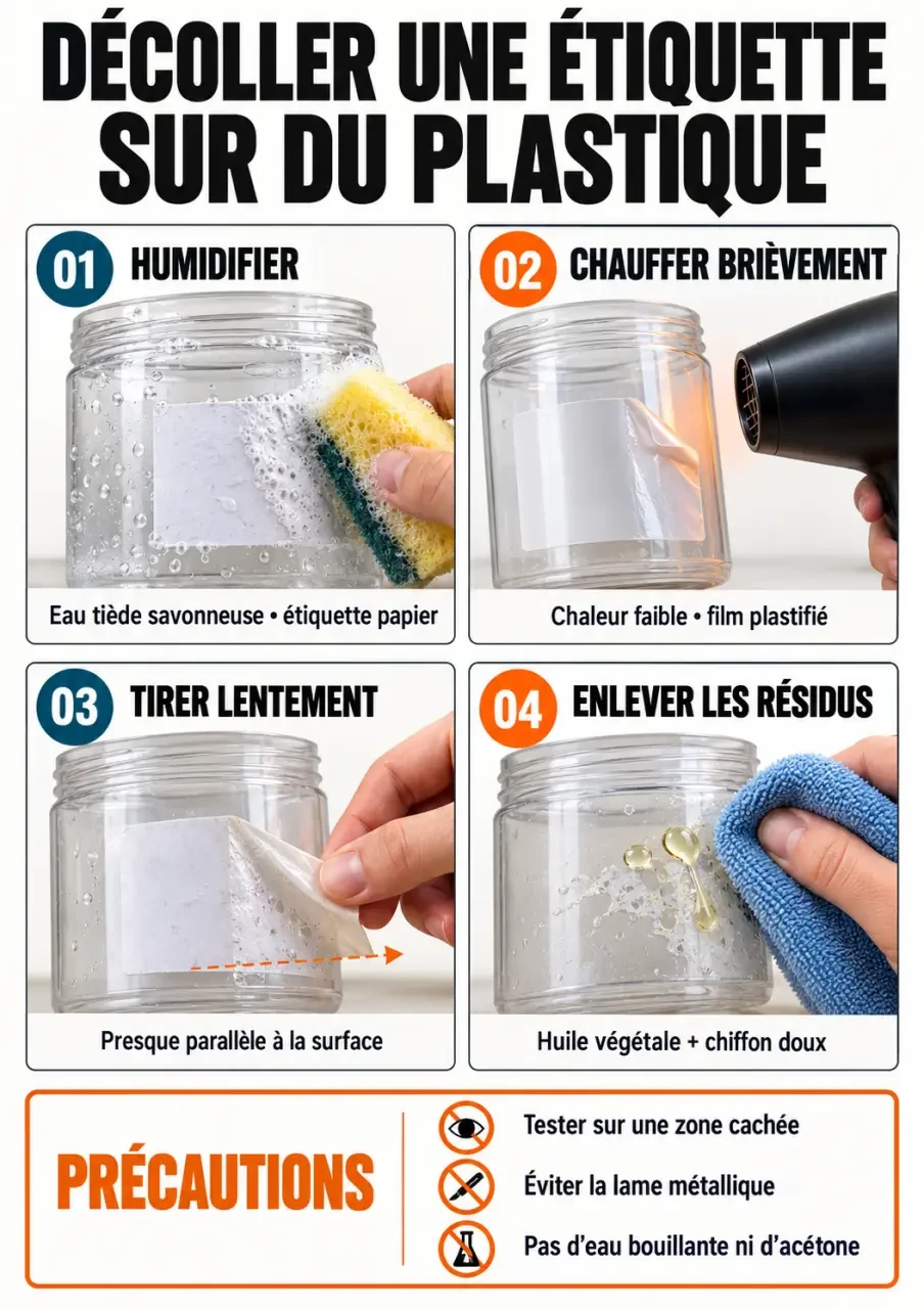 Décoller une étiquette sur du plastique sans rayures : eau tiède, huile ou chaleur douce ? 2 Comment décoller une étiquette sur du plastique : étapes avec eau savonneuse, chaleur douce et huile végétale