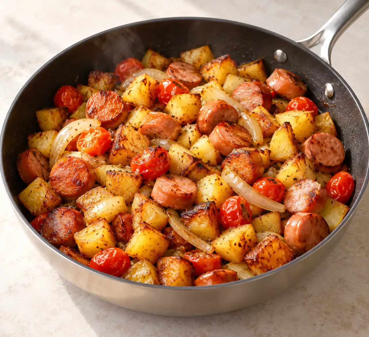 Que faire avec des Knacki : poêlée de pommes de terre, tomates et saucisses