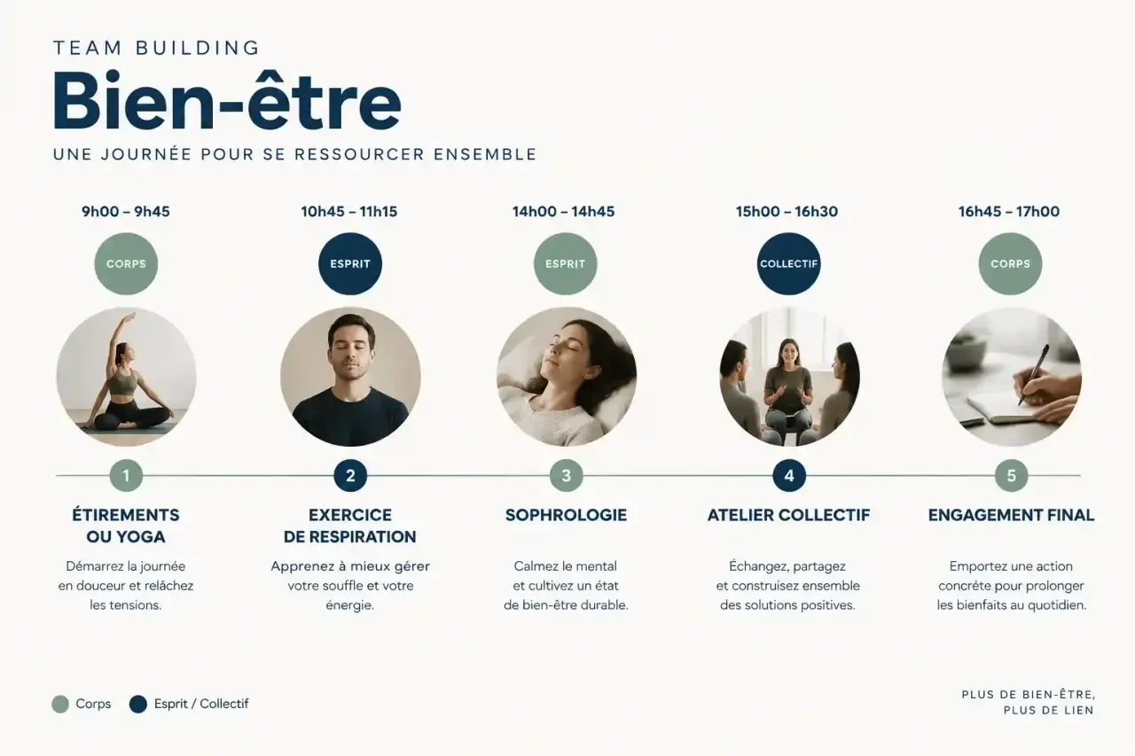 Team building bien-être au travail : 6 activités qui apaisent vraiment une équipe (et celles qui sonnent creux) 2 Programme d'une journée de team building bien-être au travail alternant pratiques corporelles, mentales et ateliers collectifs