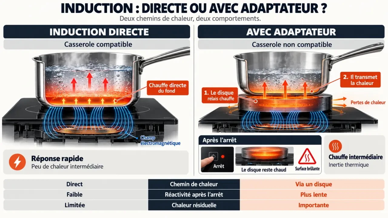 Infographie sur les inconvénients d’un adaptateur induction et la différence avec une casserole compatible