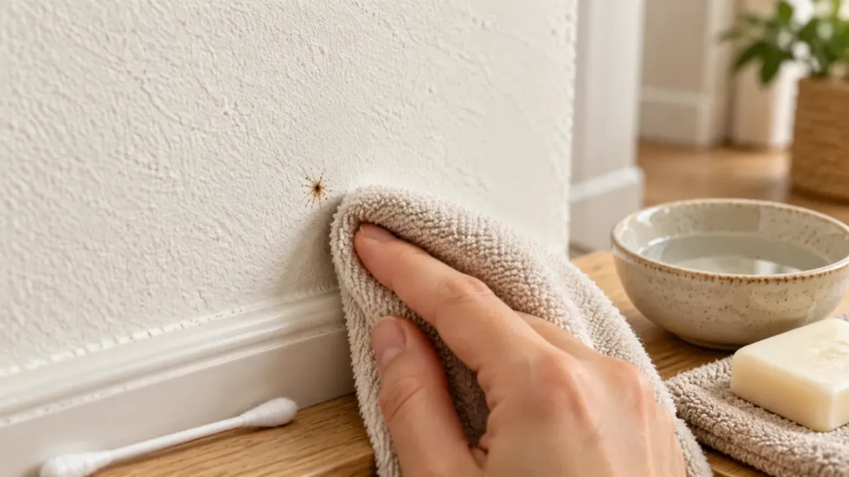 Nettoyer crotte de mouche sur peinture, tache brune en gros plan