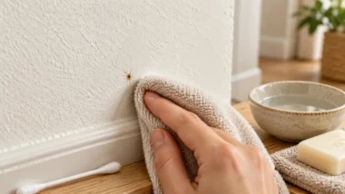 Nettoyer crotte de mouche sur peinture, tache brune en gros plan