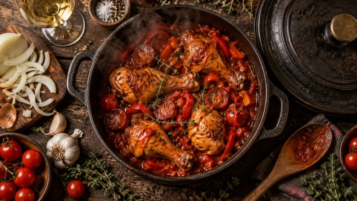 Plats mijotés poulet en cocotte, cuisson 160 °C, sauce tomate