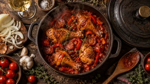 Plats mijotés poulet en cocotte, cuisson 160 °C, sauce tomate