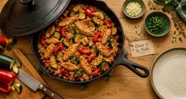 Recette à la poele : dîner complet en poêle, poulet légumes et riz