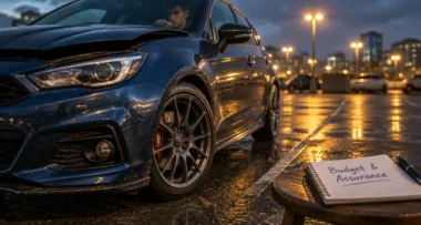 Voiture jeune permis sportive compacte : freins et pneus nets, conducteur